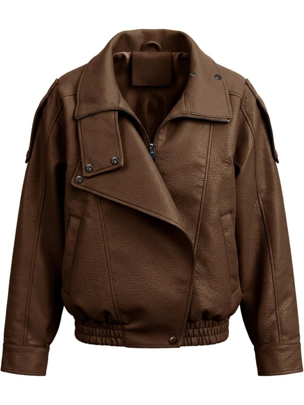 Women's Brown Faux Leather Bomber Jacket Pebble Grain Texture Relaxed Oversized